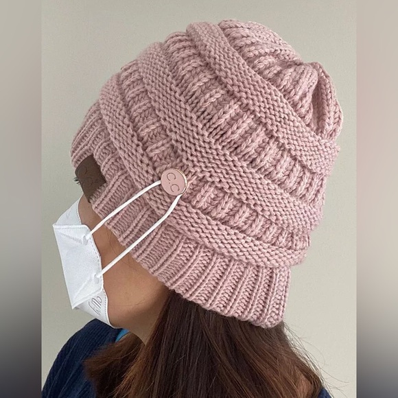 C.C Exclusive Women Ribbed Knit Solid Color Beanie Hat with Button for Mask - Picture 3 of 7